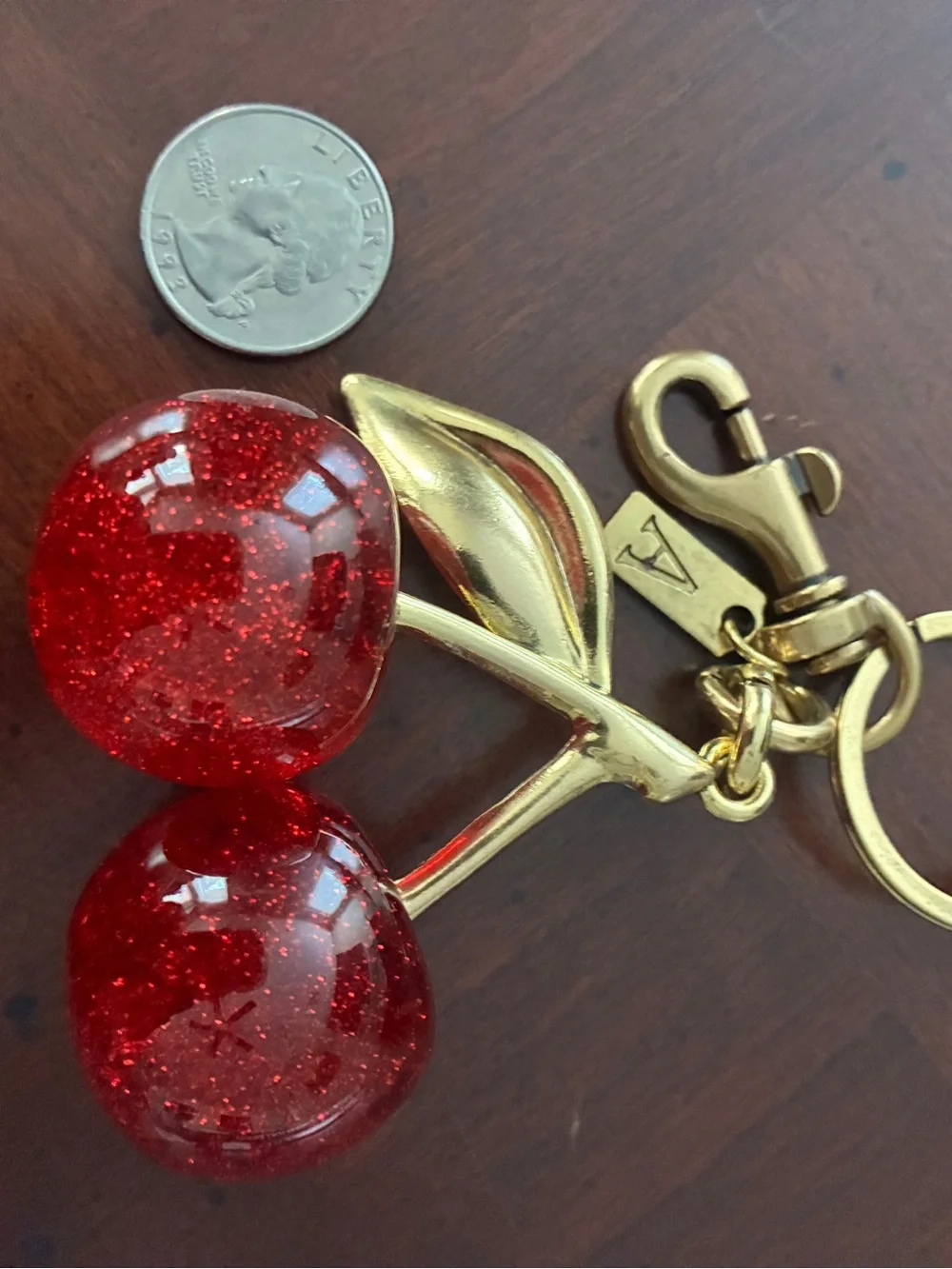 Cherry Keychain Hand Bag Purse Charm Red Glitter Cherries Gold Leaf NWOT NICE!